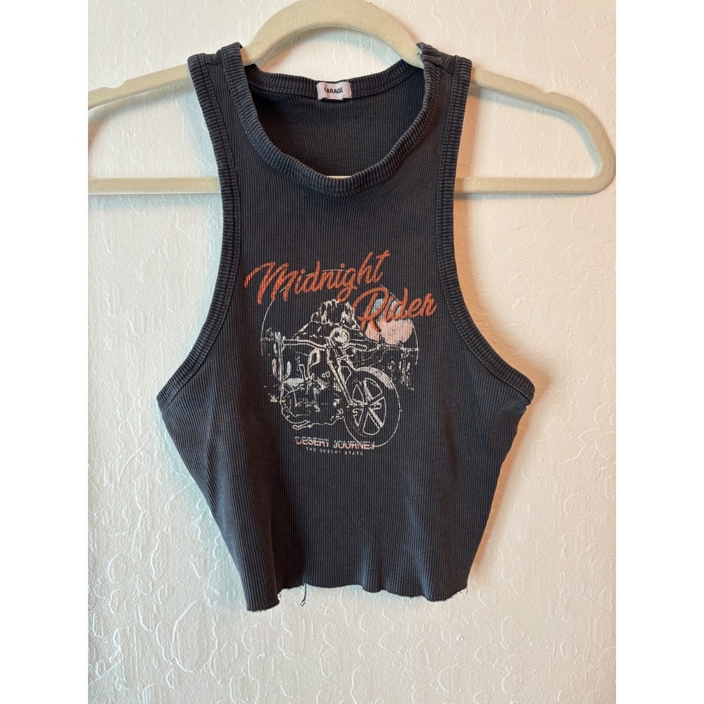 Garage Women's Midnight Rider Graphic Crop Tank Charcoal Grey Distressed S